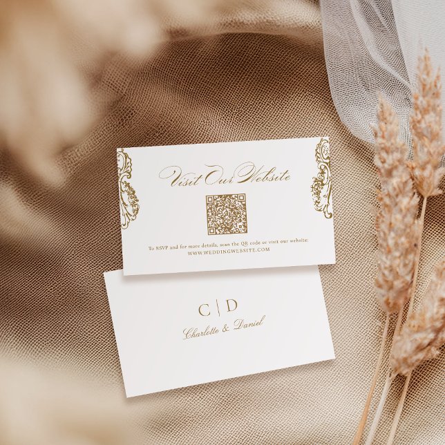 QR-kodwebbplatskort för klassiskt skript i Guld Vi Placeringskort (Gold Vintage Classic Script QR code Website Card)