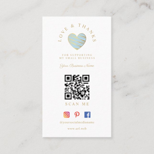 QR Light Blue Heart Love & Thanks Supporting Visitkort (Framsida)