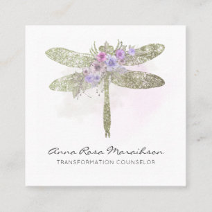 *~* QR LOGOTYP Blommigt Watercolor Grönt Dragonfly Fyrkantigt Visitkort