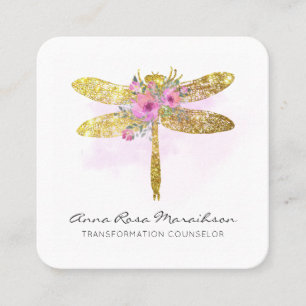 *~* QR LOGOTYP Blommigt Watercolor GULD Dragonfly Fyrkantigt Visitkort