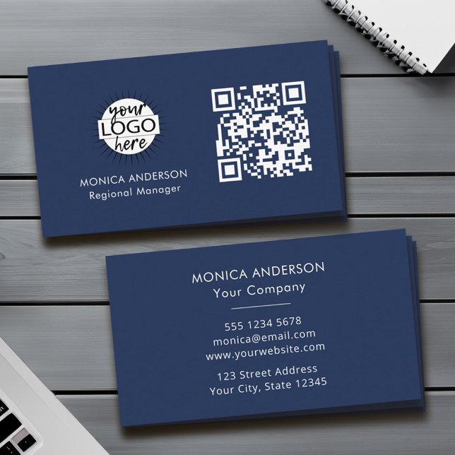 QR-Logotyp - marin modern Professionell Visitkort (Custom QR Code Logo Modern Navy Blue Business Card)