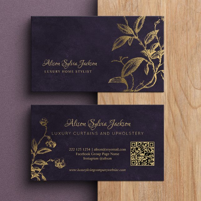 QR Luxury purple elegant faux gold foil foliage Visitkort (Skapare uppladdad)