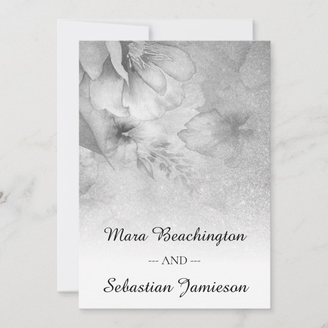 *~* QR OSA Blommigt Glitter Silver Grått Bröllop Inbjudningar (Framsida)