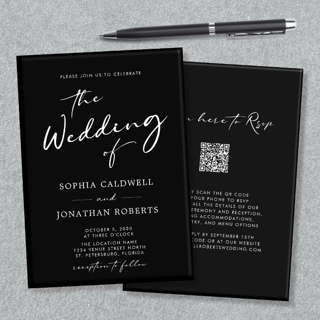 QR OSA Calligraphy Black and White Bröllop I Inbjudningar (QR Code RSVP Modern Calligraphy Black and White Double Sided Wedding Invitation)