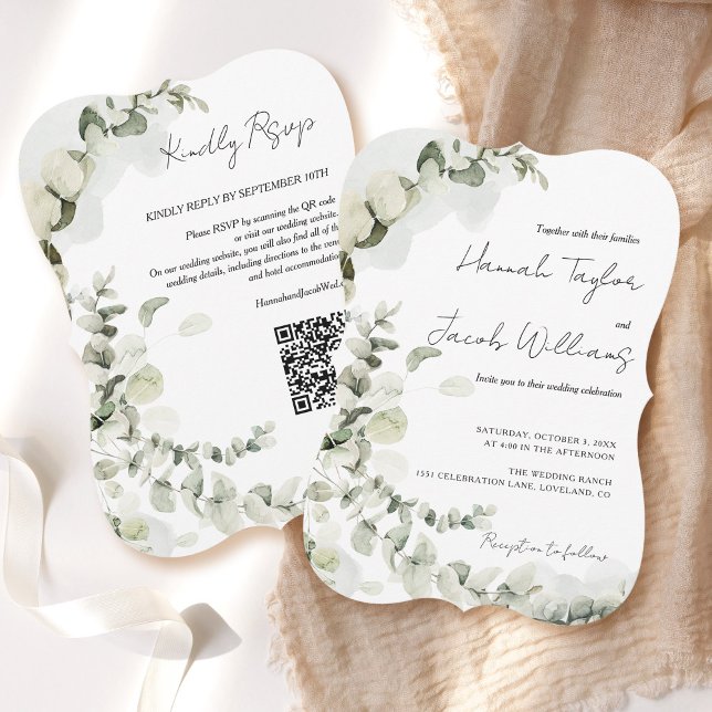 QR OSA Eucalyptus Bröllop Inbjudningar (eucalyptus qr code wedding invitation online rsvp
)