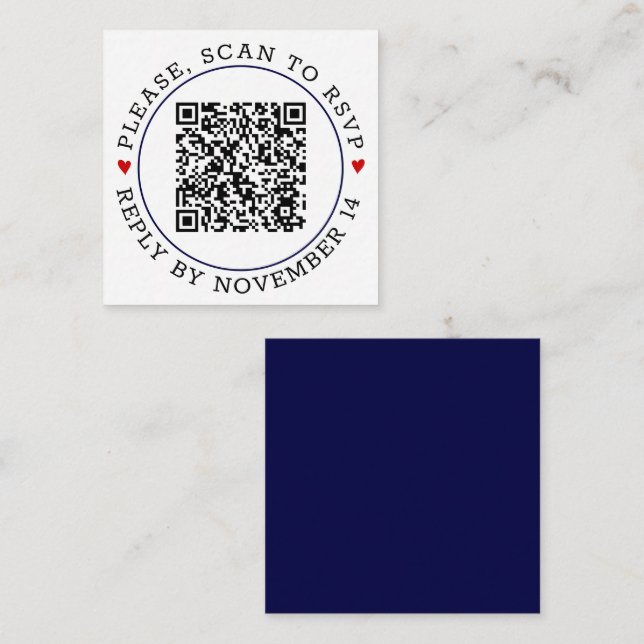 QR OSA navy blue gräns och hearts bröllop Tilläggskort (Fram/baksida)
