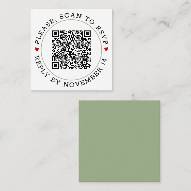 QR OSA sage grönt gräns, rödhjärtan bröllop Tilläggskort (Fram/baksida)