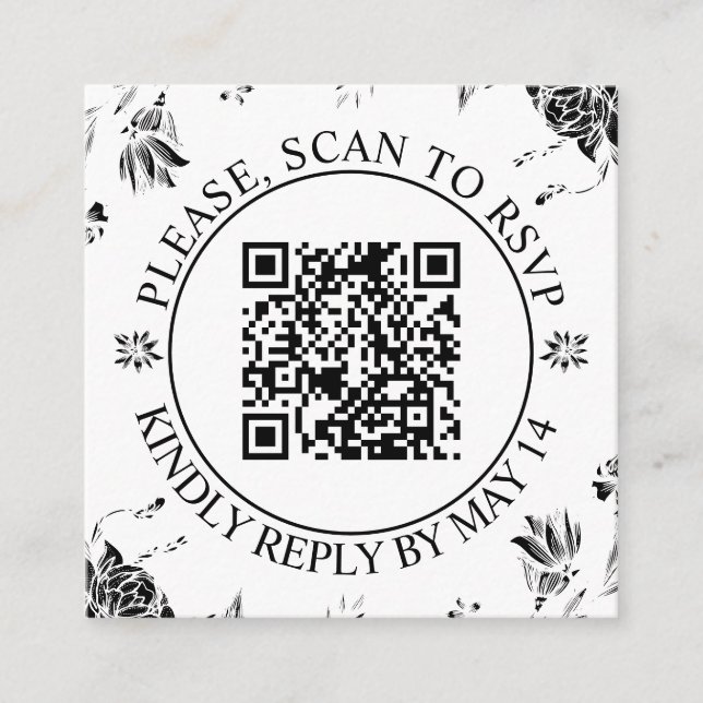 QR-OSA, svartvita blommor blommigt bröllop Tilläggskort (Framsida)