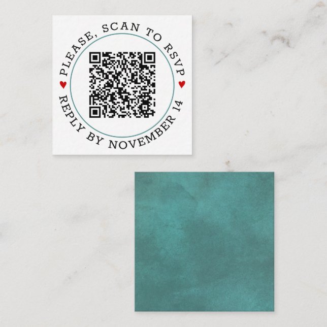 QR OSA teal blue gräns och hearts bröllop Tilläggskort (Fram/baksida)