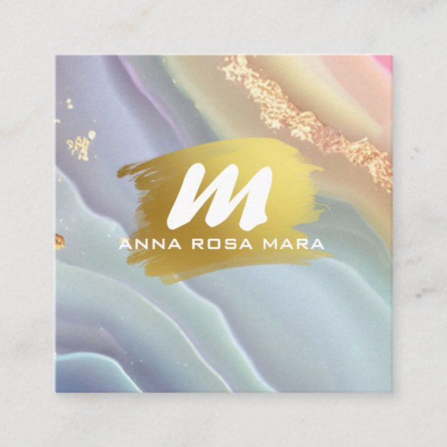 *~* QR Pastel AP66 Guld Glitter RegnbågAgate Fyrkantigt Visitkort (Framsida)