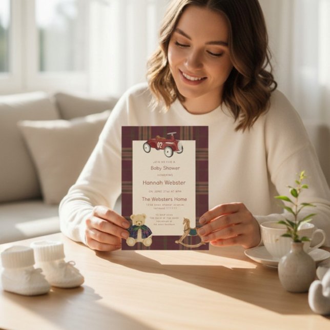 QR Plaid Teddy Bear Toy Car Baby Shower Invitation Inbjudningar (Skapare uppladdad)