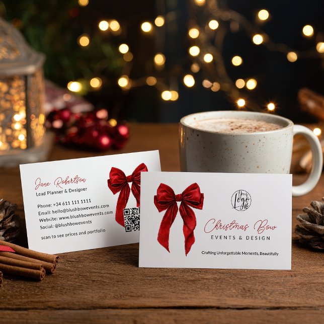 QR Red Coquette Bow Elegant Events Design  Visitkort (QR Red Coquette Bow Elegant Events Design Business Card)