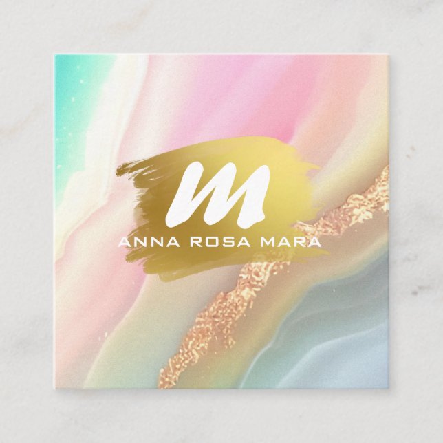 *~* QR Regnbåge Pastell AP66 Guld Glitter Agat Fyrkantigt Visitkort (Framsida)