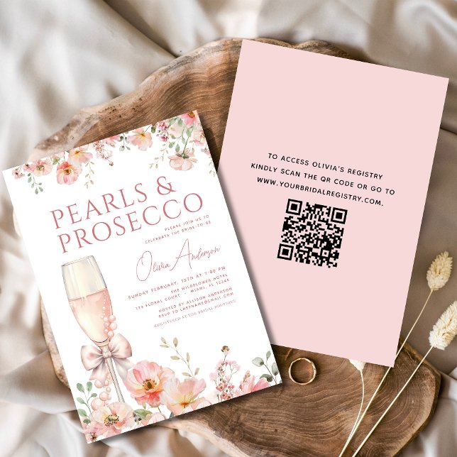QR Rosa Bow Pearls & Prosecco Möhippa Inbjudningar (Skapare uppladdad)