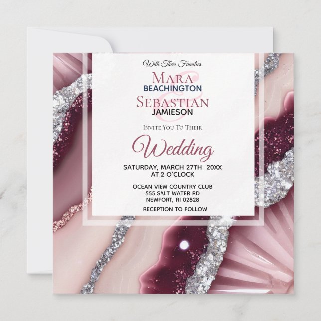 *~* QR ROSA BURGUNDY Agate OSA AR66 Bröllop Inbjudningar (Framsida)