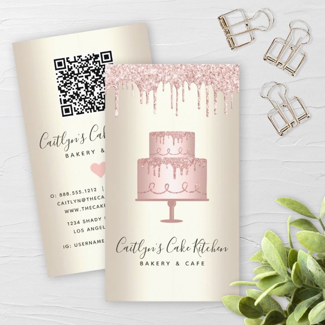 QR Rosa Cake Glitter Drip Guld Bakery Dessert Visitkort (Skapare uppladdad)