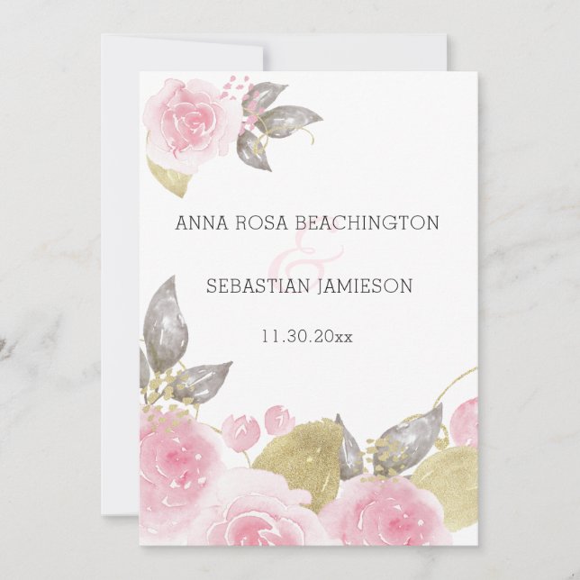 *~* QR Rosa ros AR15 - OSA Guld Blommigt Bröllop Inbjudningar (Framsida)