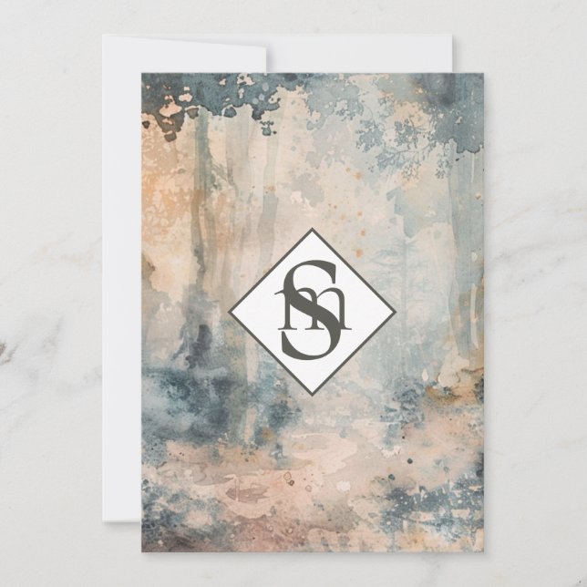 * QR Rustic AR26 Forest Monogram OSA Bröllop Inbjudningar (Framsida)