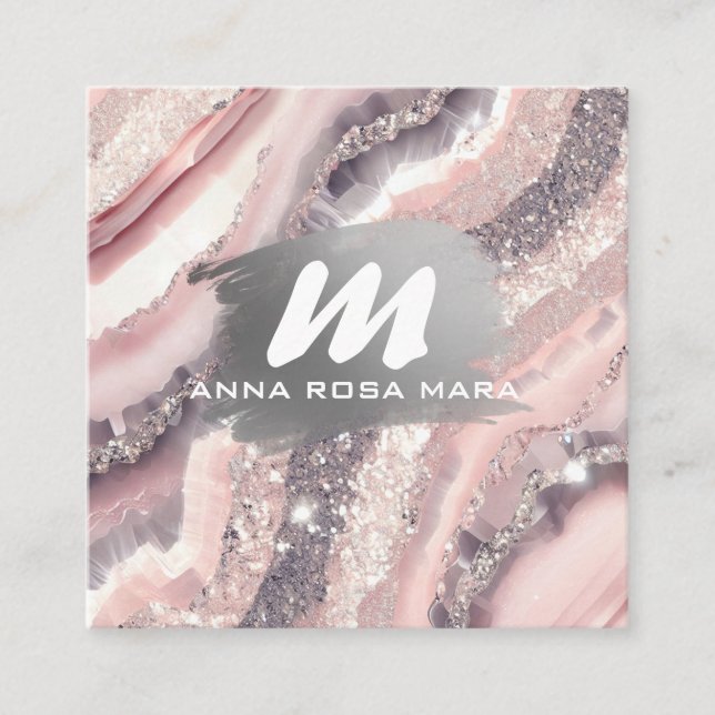 *~* QR Silver AP66 Glitter Rosa Agate Fyrkantigt Visitkort (Framsida)