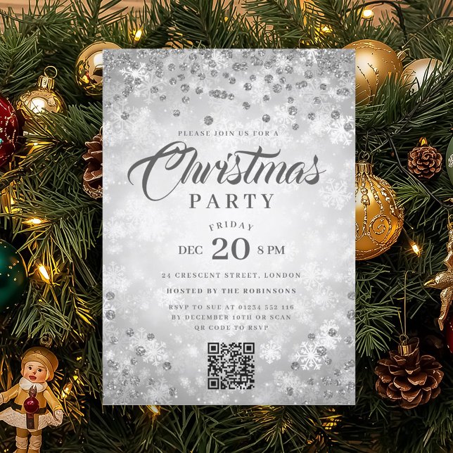 QR Silver Winter Diamonds Glitter Christmas Party Inbjudningar (QR Silver Winter Diamonds Glitter Christmas Party Invitation)