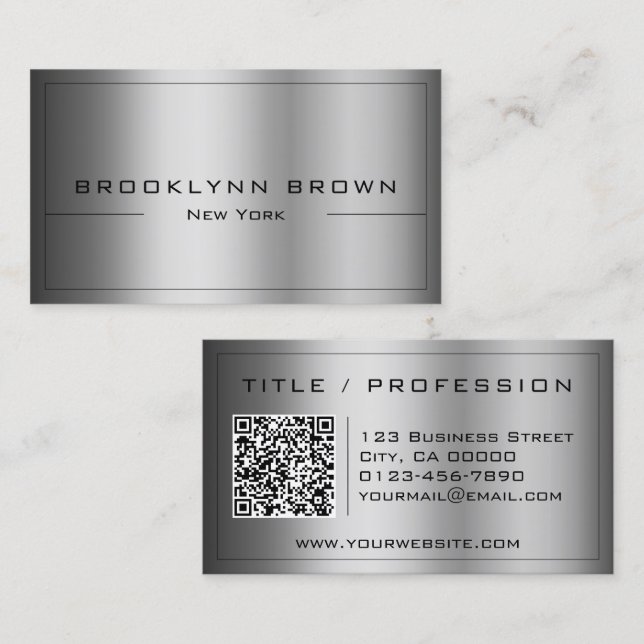 QR Snyggt Mörk Silver Färg Gradient Classy Visitkort (Fram/baksida)