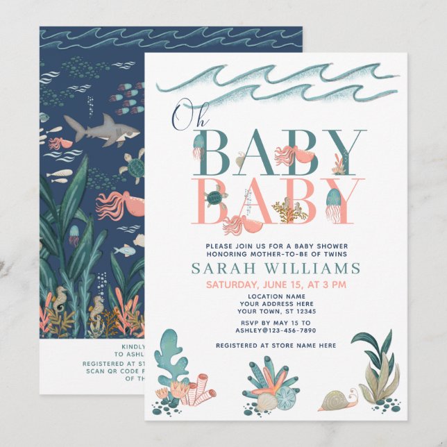 QR-Twillingar under Sea Oh Baby Baby Shower Inbjudningar (Fram/baksida)