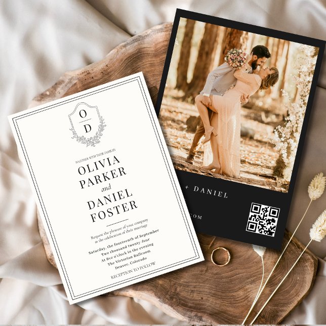 QR-Vapensköld, svart och vitt foto Modern Bröllop Inbjudningar (Skapare uppladdad)