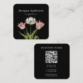 QR Vintage Flower Black Square, Affärskort Fyrkantigt Visitkort