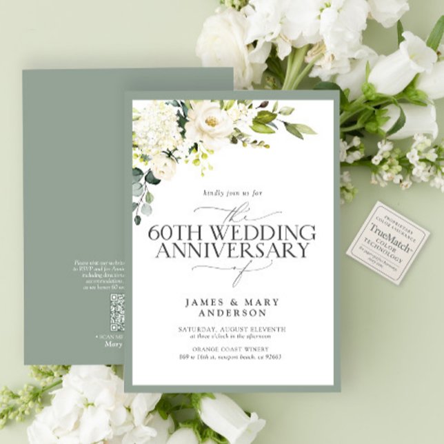 QR White Grönt Flowers 60:e Bröllop-årsdagen Inbjudningar (Skapare uppladdad)