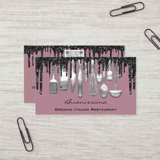 QRCode Chef Kitchen Drips Logotyp Knivar Silver Li Visitkort (Fram/Back In Situ)