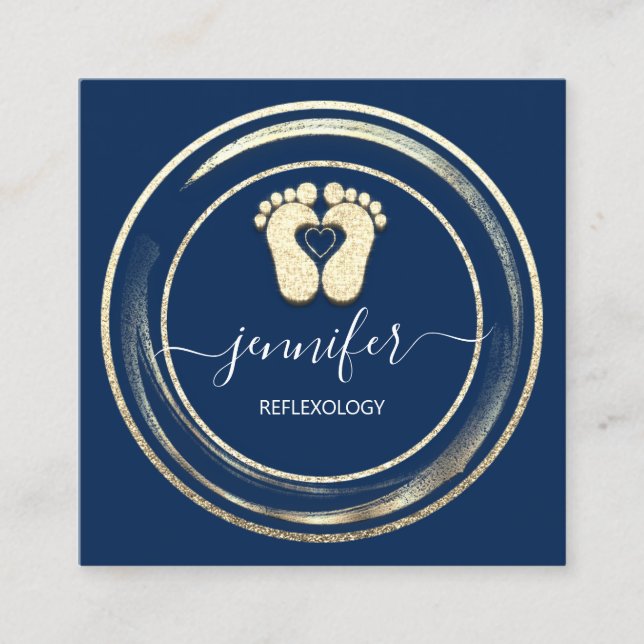 QRCode Logotyp Reflexology Foot Massage Blue NavyF Fyrkantigt Visitkort (Framsida)