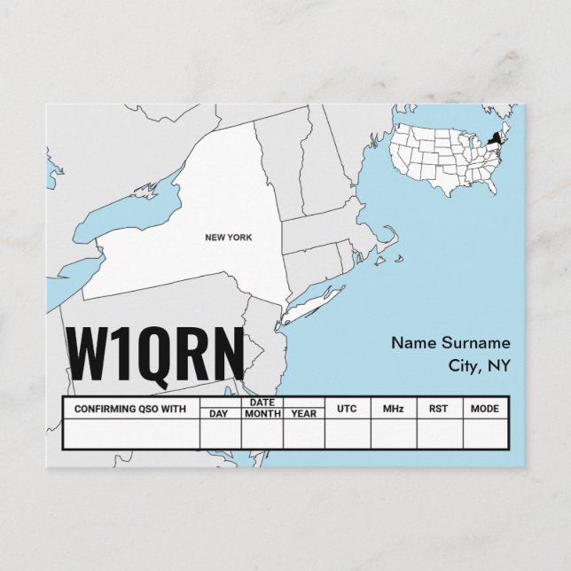 QSL-kort New York State-karta Vykort (Framsida)