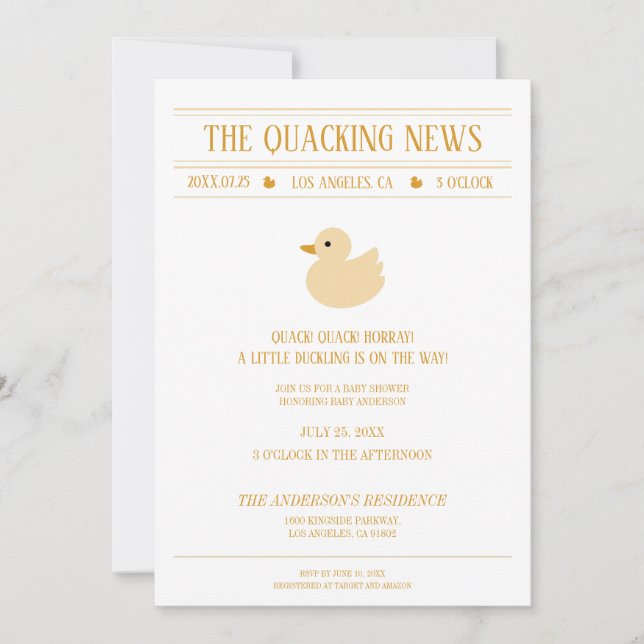 Quackande Nyhetsand Babyshower-inbjudan Inbjudningar (Framsida)