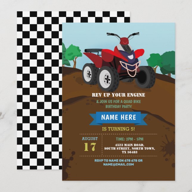 Quad Bike Birthday Inbjudan Riding Lera Roligt Tra (Fram/baksida)