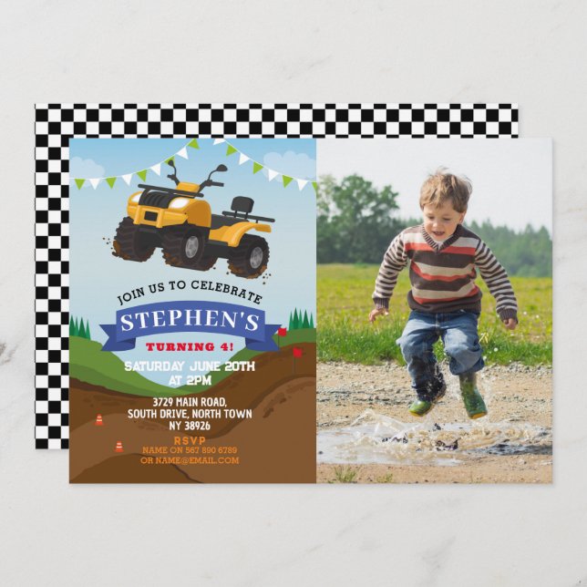 Quad Bike Födelsedagsfest Lastbil Car Big Inbjudan (Fram/baksida)