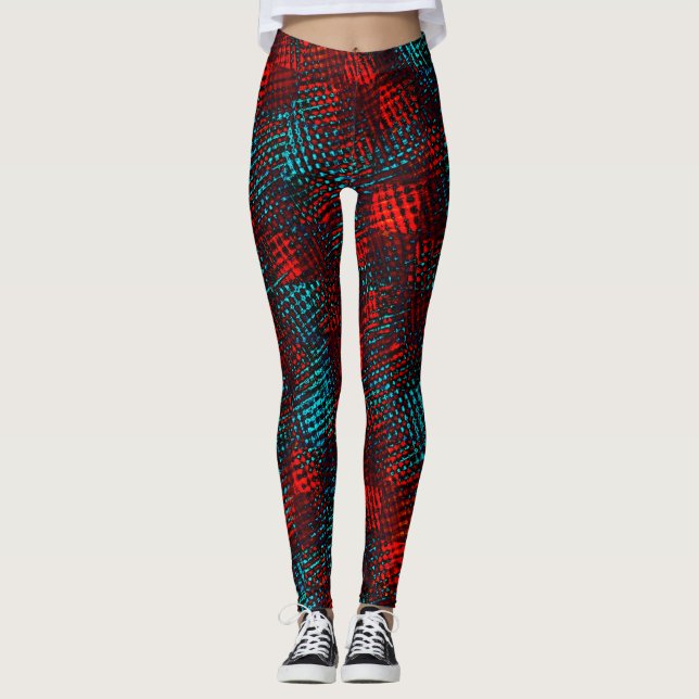 Quadriculados riscados em vermelho e azul claro. leggings (Framsida)