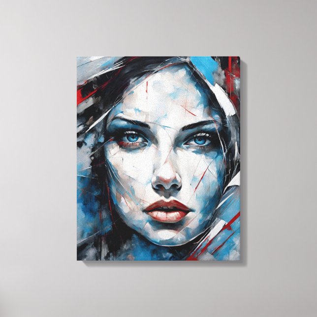 Quadro abstrato rosto de mulher azul, cinza, preto canvastryck (Framsida)