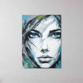 Quadro abstrato rosto de mulher azul, cinza, preto canvastryck