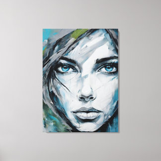 Quadro abstrato rosto de mulher azul, cinza, preto canvastryck