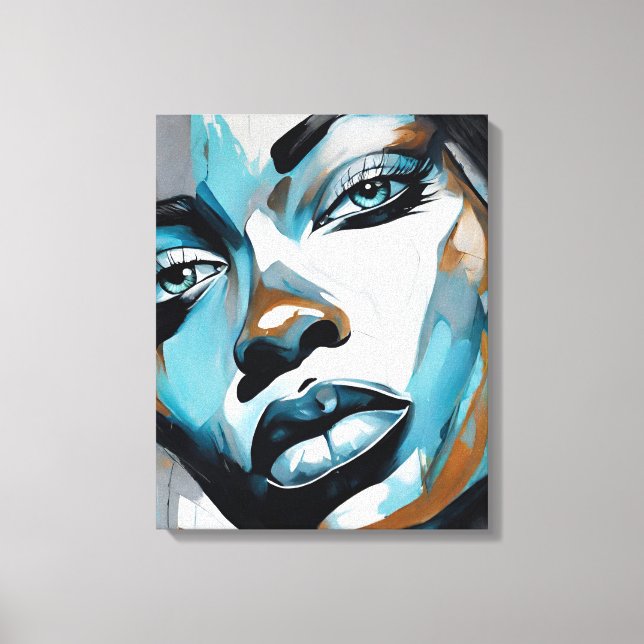 Quadro abstrato rosto de mulher azul, cinza, preto canvastryck (Framsida)