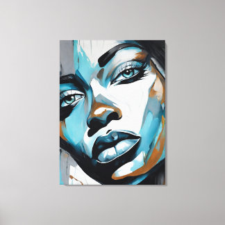 Quadro abstrato rosto de mulher azul, cinza, preto canvastryck