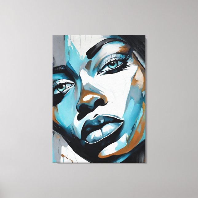 Quadro abstrato rosto de mulher azul, cinza, preto canvastryck (Framsida)