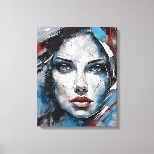 Quadro abstrato rosto de mulher azul, cinza, preto canvastryck (Framsida)