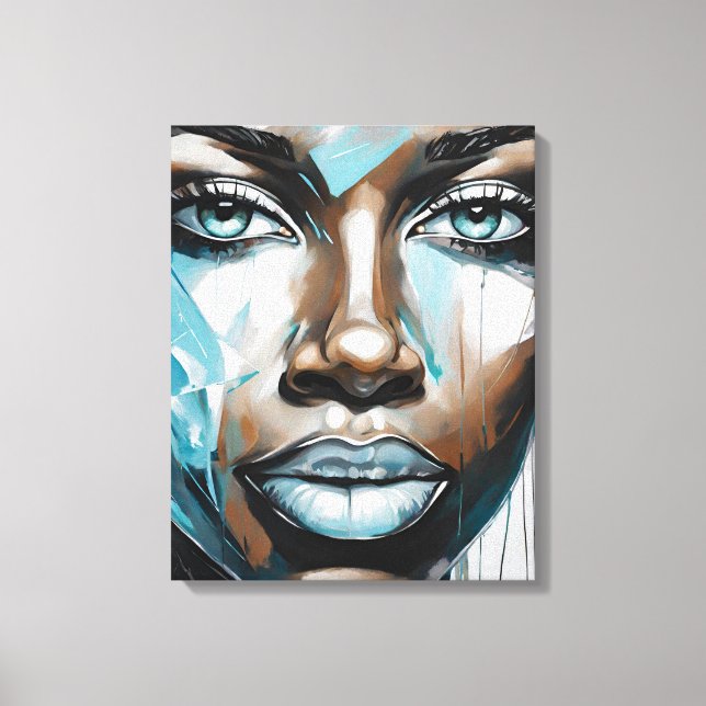 Quadro abstrato rosto de mulher azul, cinza, preto canvastryck (Framsida)