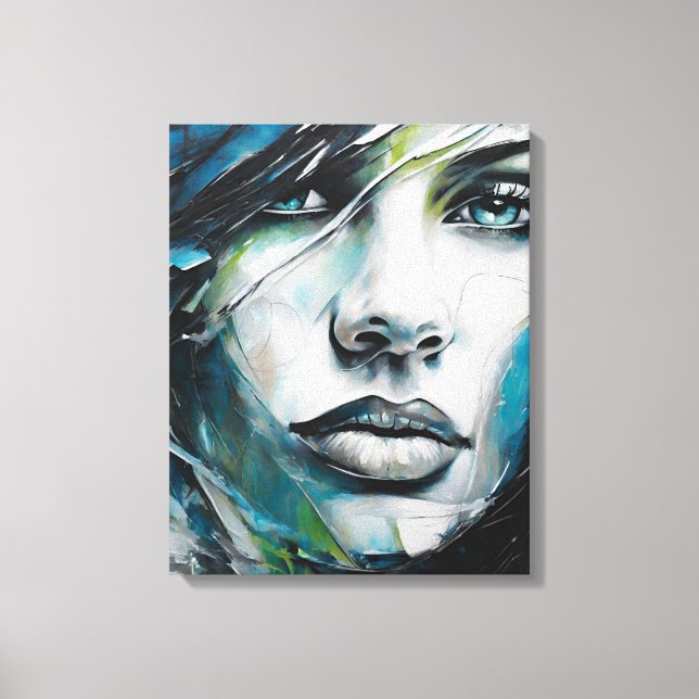 Quadro abstrato rosto de mulher azul, cinza, preto canvastryck (Framsida)