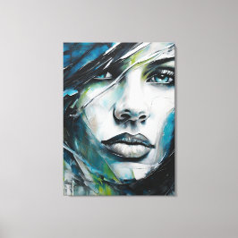 Quadro abstrato rosto de mulher azul, cinza, preto canvastryck