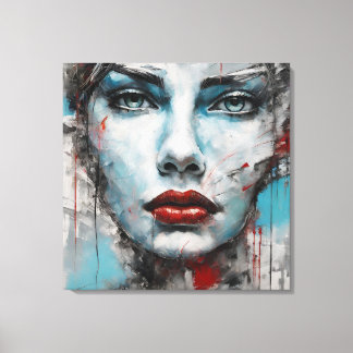 Quadro abstrato rosto de mulher azul, cinza, red canvastryck