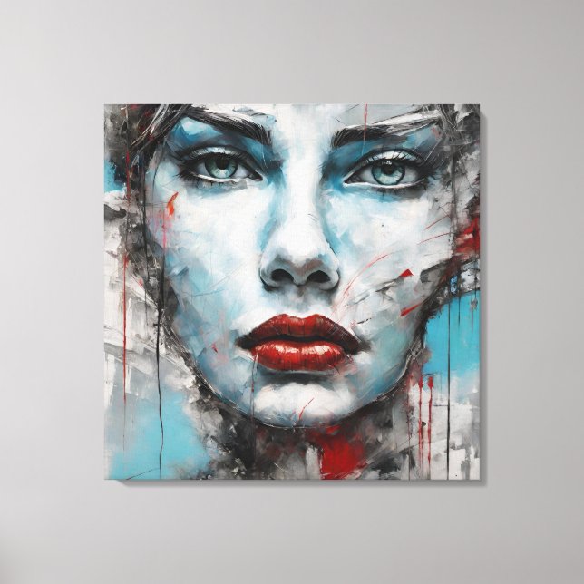 Quadro abstrato rosto de mulher azul, cinza, red canvastryck (Framsida)