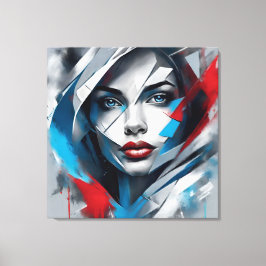 Quadro abstrato rosto de mulher vermelho azul cinz canvastryck
