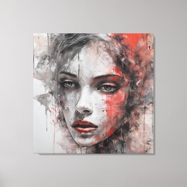  Quadro abstrato rosto de mulher vermelho e cinza Canvastryck (Framsida)
